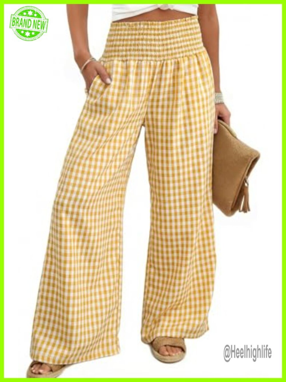Dokotoo Wide Leg High Rise Gingham Pants Smocked Waist Pull On Casual